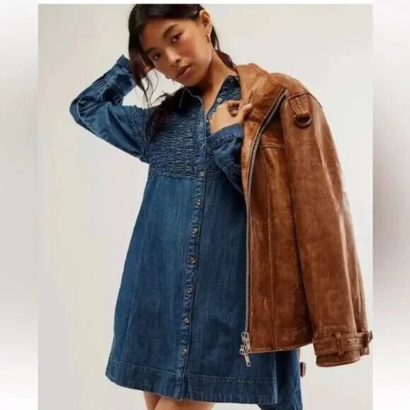 Free People Denim Find Me Now Mini Dress Button Front Blue NWOT Size Small - Picture 1 of 7